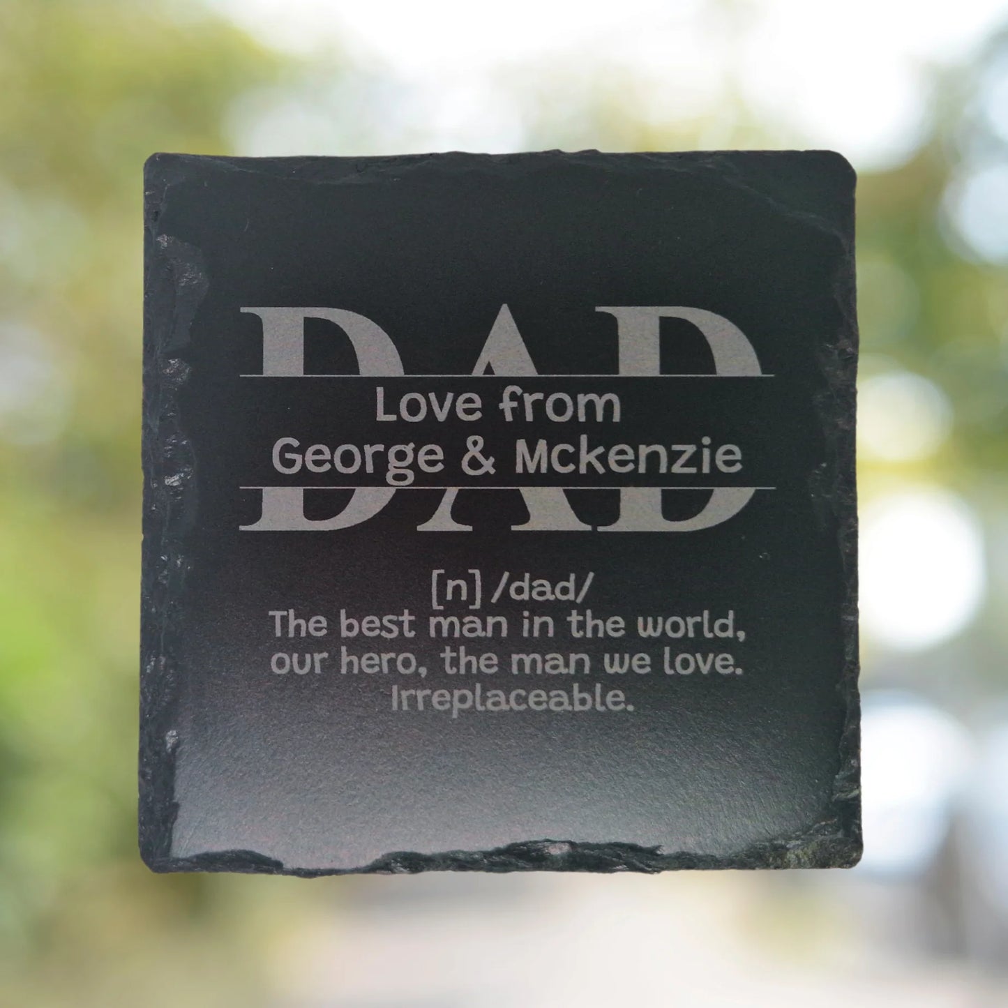 Close-up of an engraved Dad split-image slate coaster, featuring a customisable design with space for a name or message, perfect for Father's Day or special gifts.