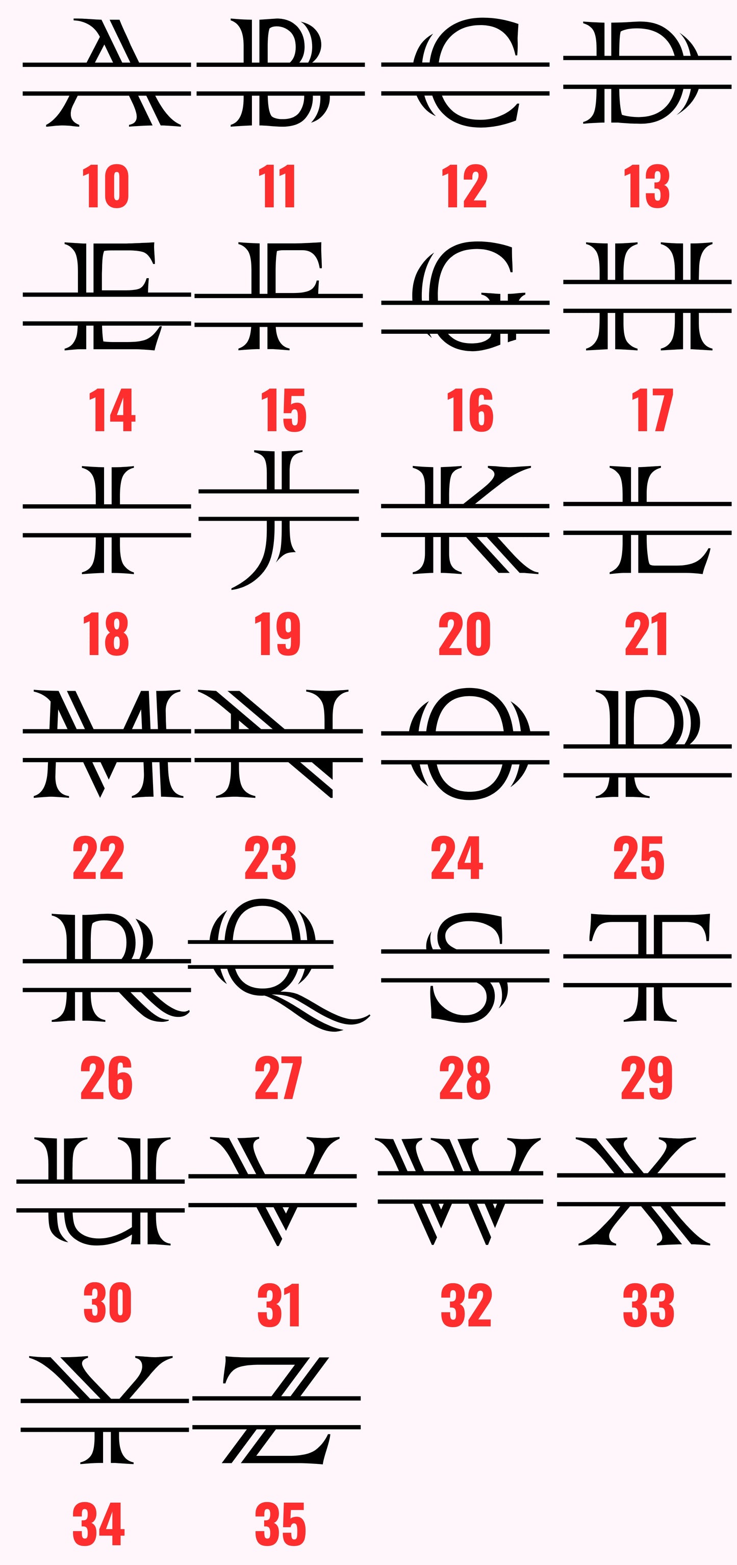 Display of engraved image options featuring alphabet letters A-Z, showcasing a variety of customisation choices for personalisation.