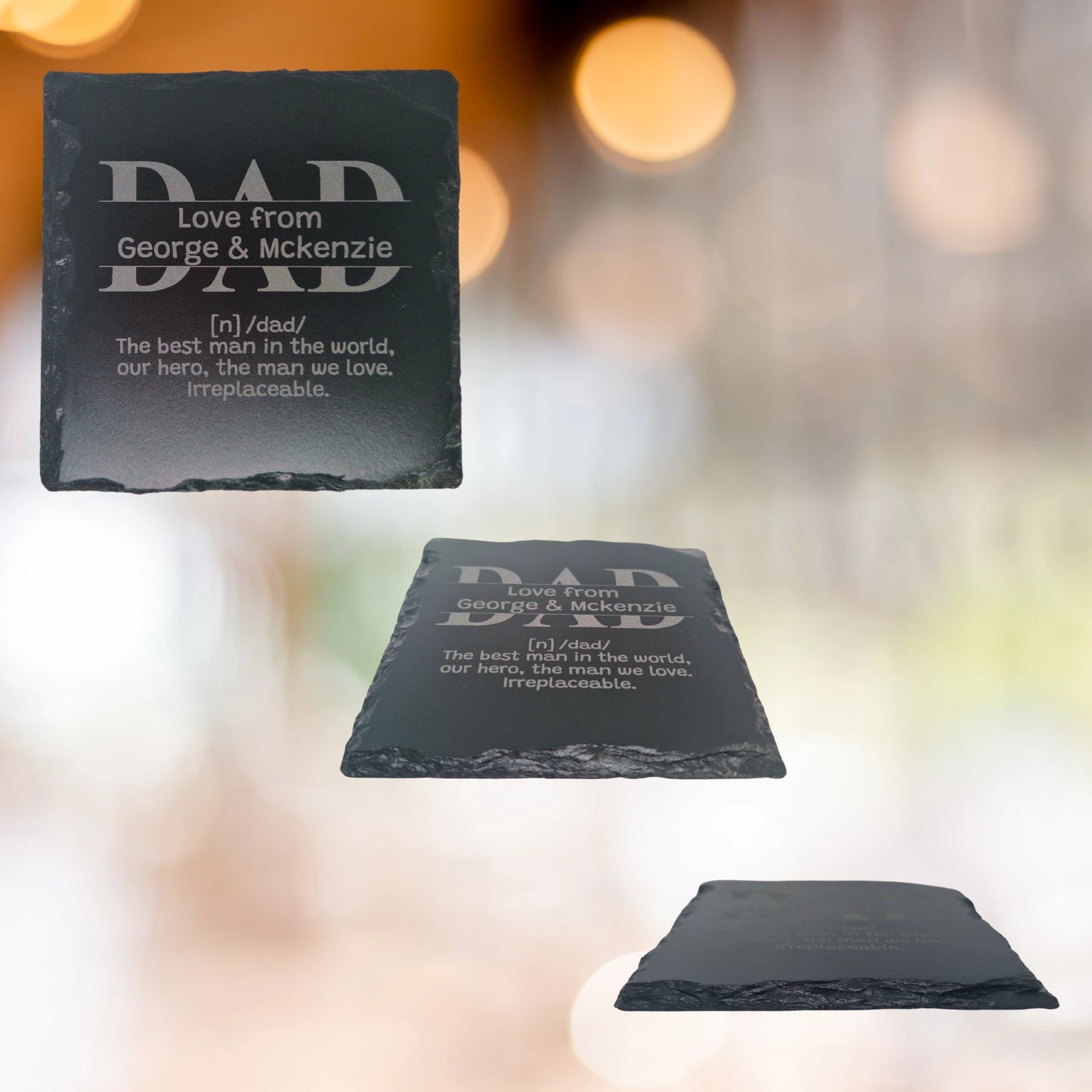 Close-up of the engraved Dad split-image slate coaster, showing front, angled, and side views to highlight the customisable design and engraved details.