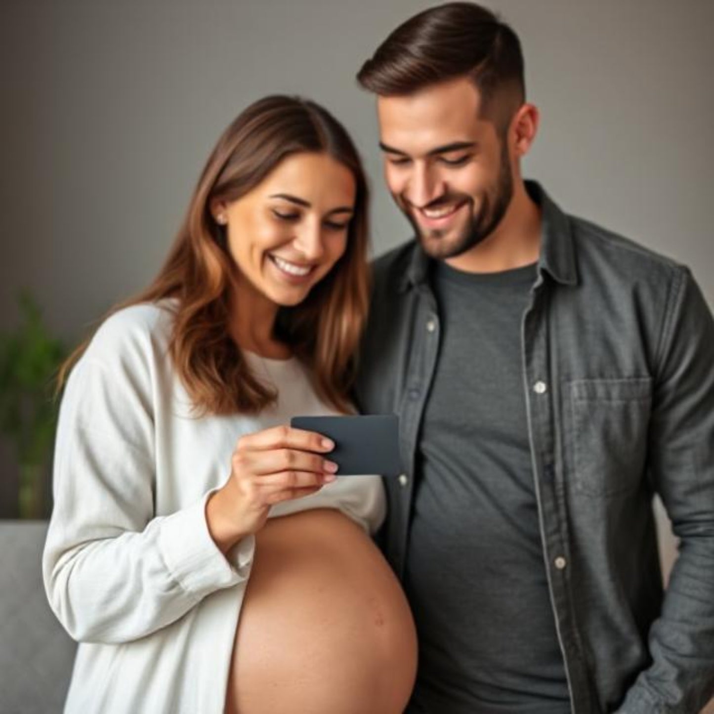 A happy couple smiles as they admire a wallet-sized ultrasound engraving.