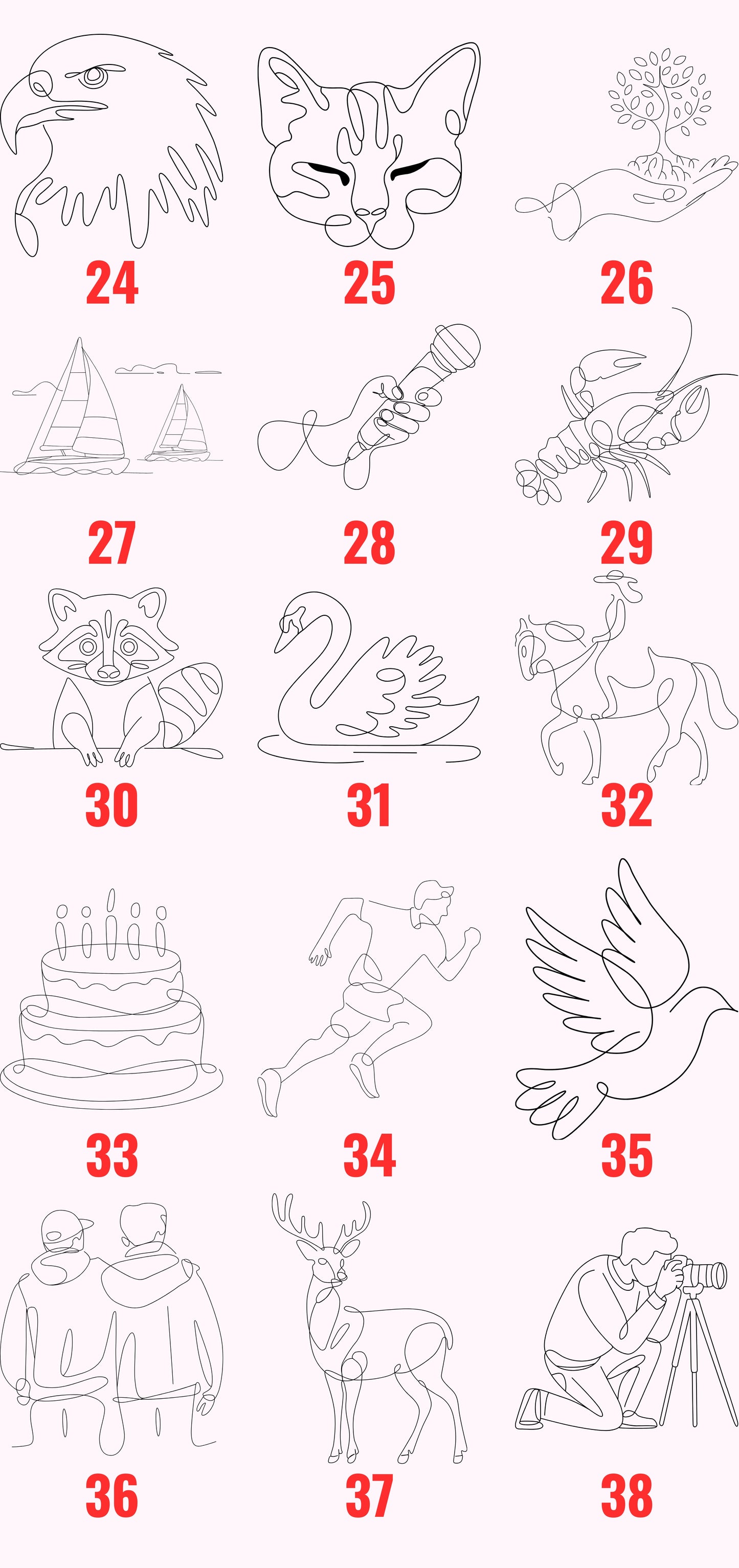 Collection of line art picture engraving options showcasing custom designs, featuring a variety of images.