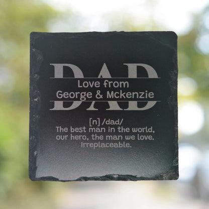 Close-up of an engraved Dad split-image slate coaster, featuring a customisable design with space for a name or message, perfect for Father's Day or special gifts.