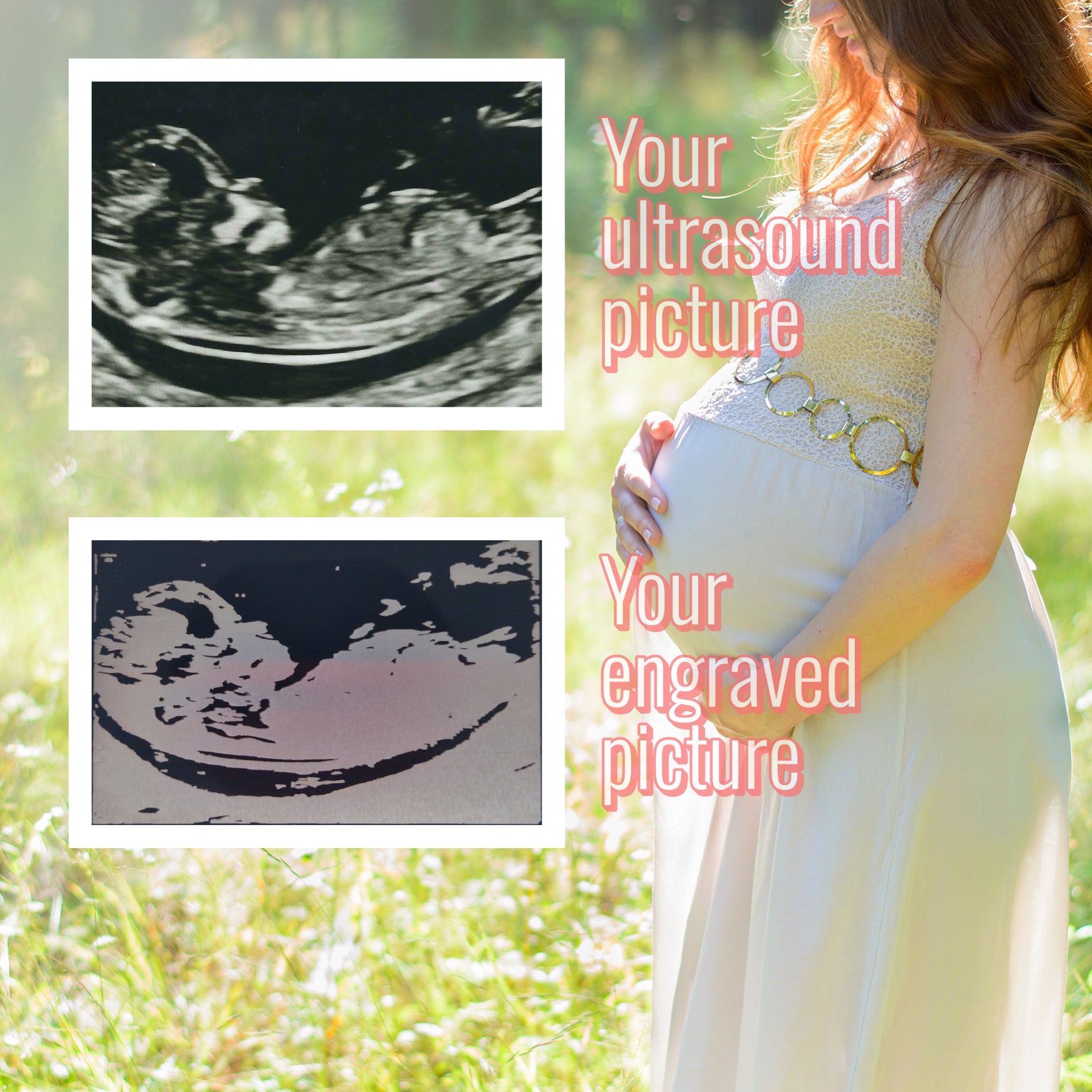 Side-by-side comparison of the original ultrasound image and its engraved version on a black metal wallet card, showcasing the fine laser engraving details. The background features a pregnant mother