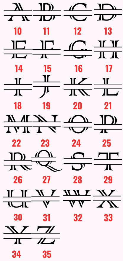 Display of engraved image options featuring alphabet letters A-Z, showcasing a variety of customisation choices for personalisation.