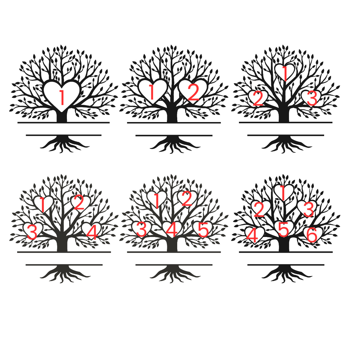 An image displaying six family tree designs. Each tree varies in the number of hearts, ranging from one to six, with space for family member names. There is a designated space at the bottom of each tree trunk to engrave the family surname.