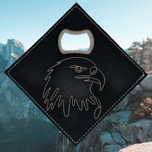Faux leather coaster with a bottle opener, featuring a detailed line art engraving of an eagle.