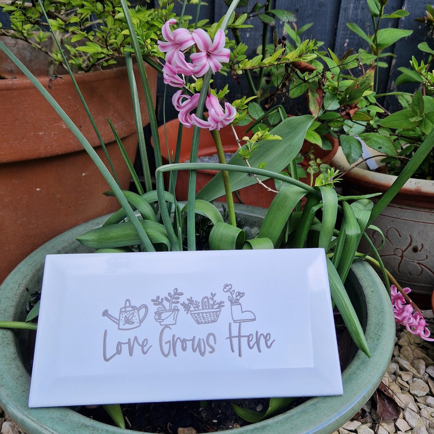Engraved ceramic garden tile with 'Love Grows Here' placed outside next to a vibrant pink flower.