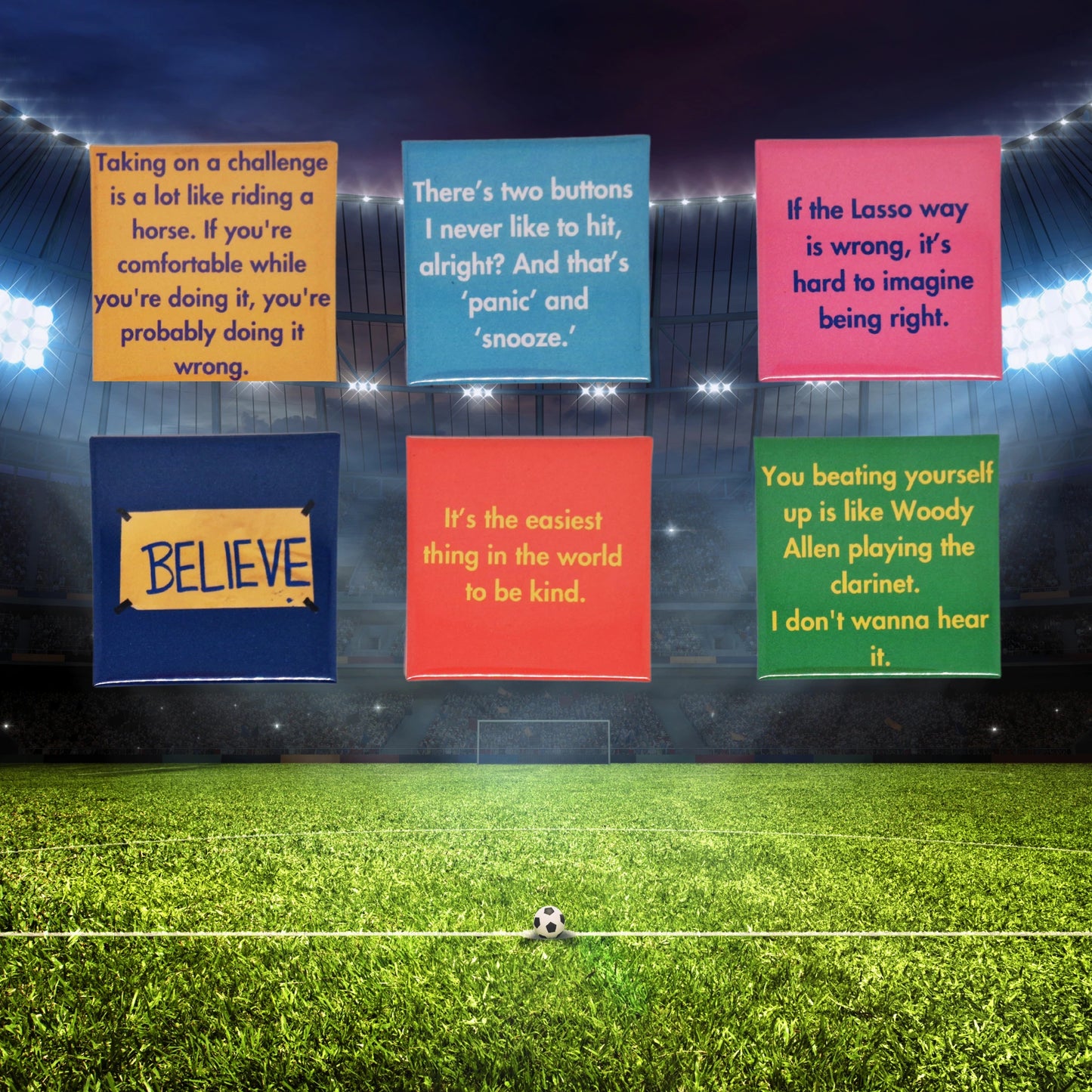 A set of six square fridge magnets inspired by Ted Lasso, featuring iconic quotes and designs from the show. The background is a football pitch.