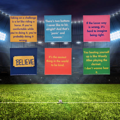 A set of six square fridge magnets inspired by Ted Lasso, featuring iconic quotes and designs from the show. The background is a football pitch.
